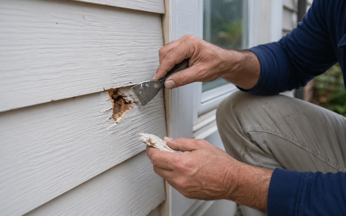 Woodpecker hole repair siding putty closeup